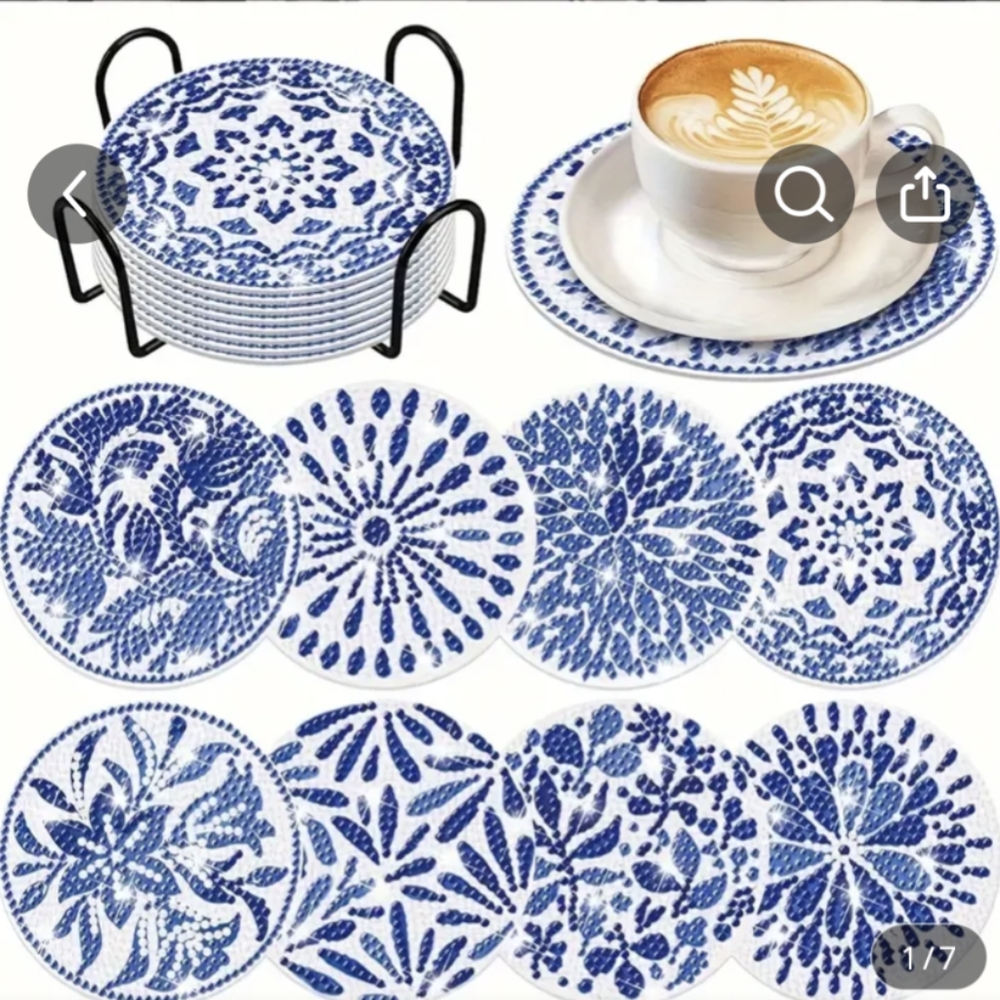 Finished Handmade Diamond Art Shades of Blue Coasters Set of 8